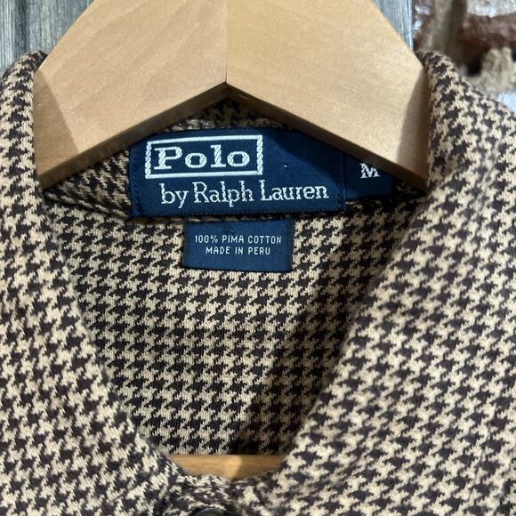 Polo by Ralph Lauren 100% Pima Cotton Houndstooth Tan & Brown Polo Mens Sz M - Picture 2 of 6
